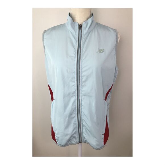 New Balance Womens Windbreaker Vest Medium Vented Training Zip Pockets Blue Red - Picture 2 of 12